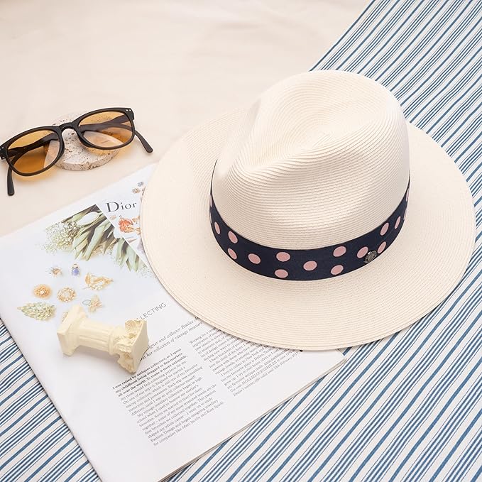 Pineapple&Star Sun Straw Fedora Beach Hat Fine Braid UPF50+ for Women