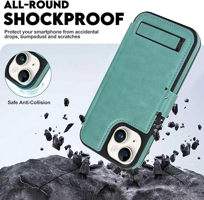CIVICASE for iPhone 13/iPhone 14 Wallet Case with Stand,PU Leather Flip Credit Card Holder Slots (RFID Blocking),Compatible with Magsafe Magnetic Holder Phone Cover Women Men,Green