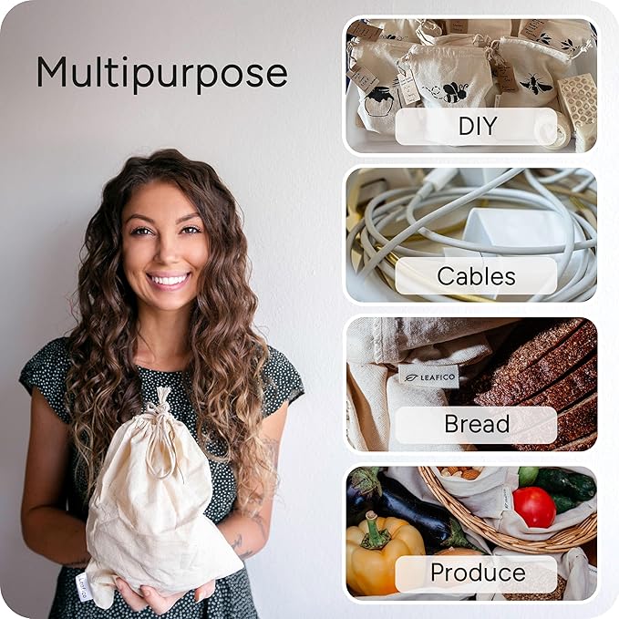 LEAFICO Multipurpose Eco Cloth Bags - Large 10x12 Inch (12 Pack) - Cotton Produce Storage Sacks - Muslin Drawstring Pouches for Vegetables - Bread Bags - Linen Fabric Sachets