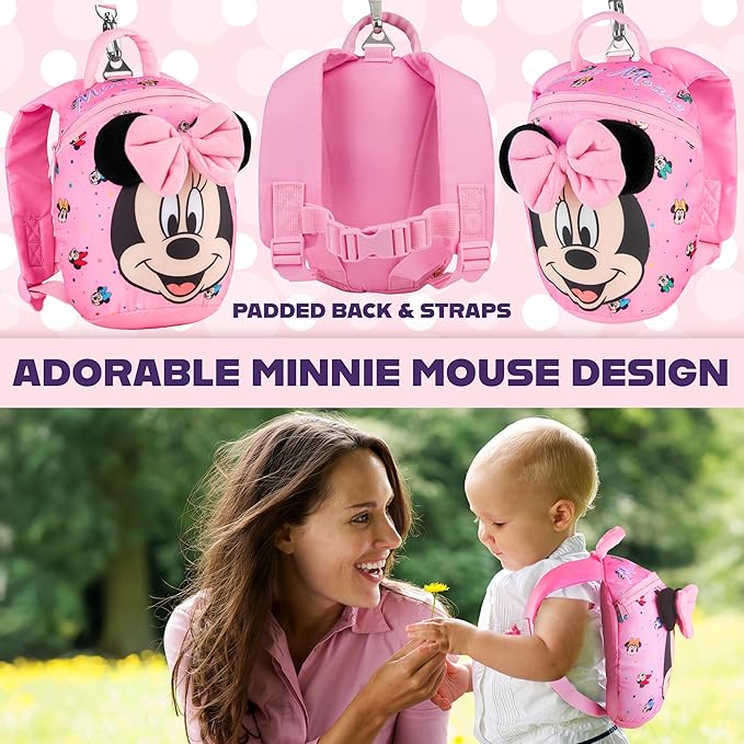 Disney Minnie Mouse Mini Backpack with Toddler Safety Harness for Girls 9x8” Daycare Bag Backpack with Leash Preschool Outdoor Travel Gifts