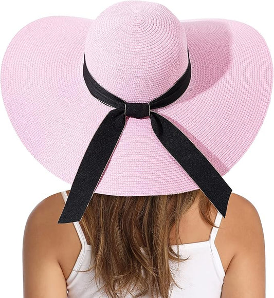 Lanzom Womens Wide Brim Straw Hat Big Floppy Foldable Roll up Cap Beach Sun Hat UPF 50+