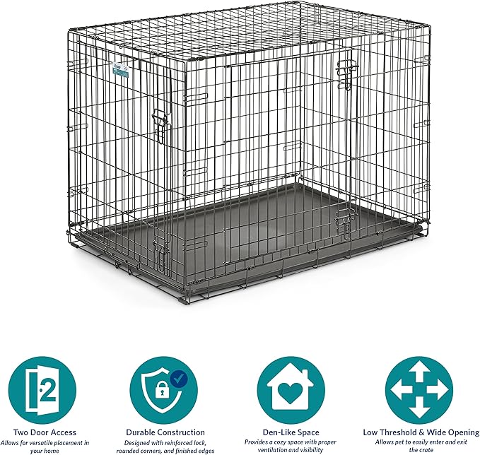 MidWest Homes for Pets 42-Inch Two-Door iCrate Folding Dog Crate with Divider Panel, Leak-Proof Tray & Secure Latches – Metal Wire Kennel for Large Breeds – Portable, Durable & Easy to Assemble