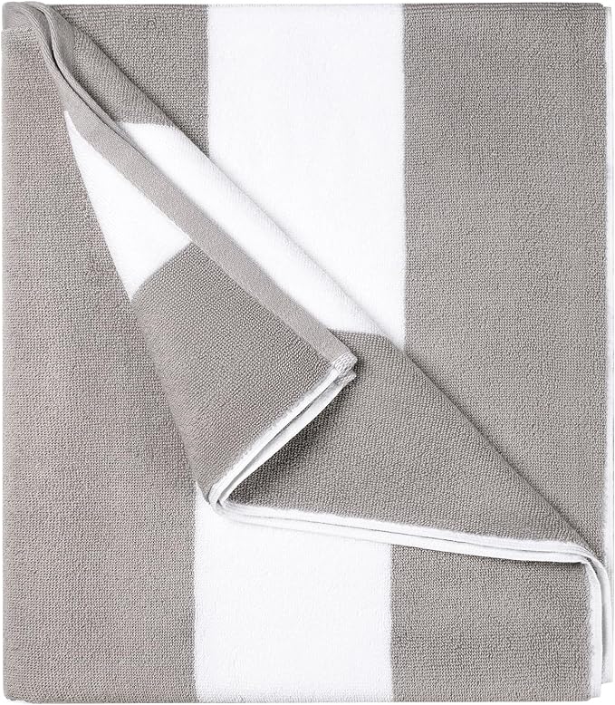 Cotton Oversized Beach Towel - 40 x70 Inch Extra Large Striped Pool Towel, Big Soft Terry Cloth Grey Cabana Swim Towel