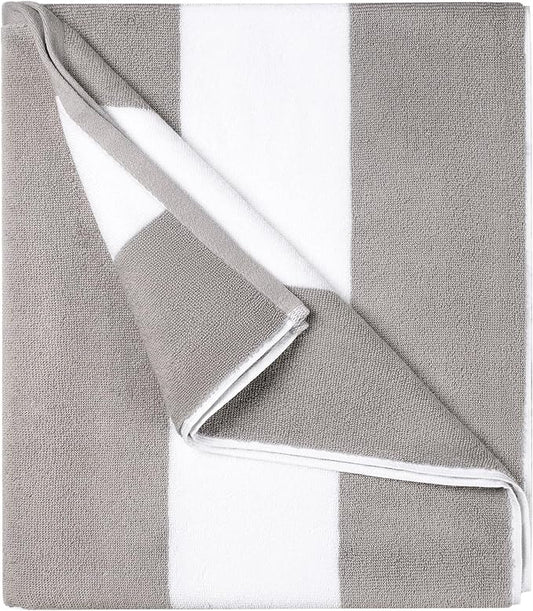 Cotton Oversized Beach Towel - 40 x70 Inch Extra Large Striped Pool Towel, Big Soft Terry Cloth Grey Cabana Swim Towel