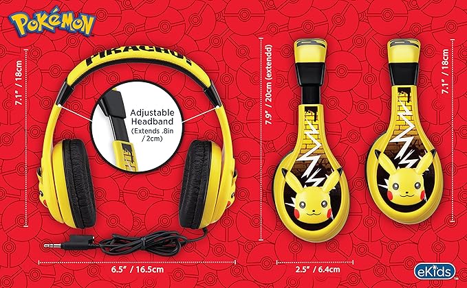 eKids Pokemon Pikachu Wired Kids Headphones, Adjustable, Stereo Sound, 3.5Mm Jack, Tangle-Free, Volume Control, Children's Headband On Ear for School Home, Travel