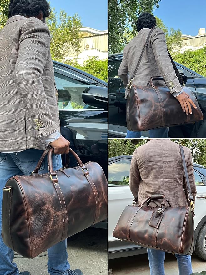 Leather Duffle Bag for Men - Full Grain Leather Travel Bag - TSA Approved Carry On Weekender Overnight Duffel Bag (20 inch)