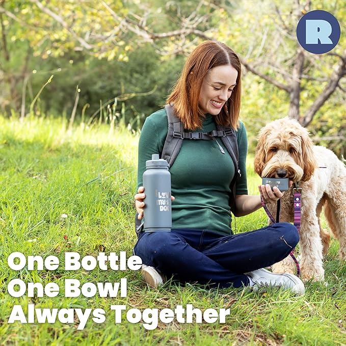 Dog Water Bottle for Dog Lovers - 32 oz Stainless Steel Double Wall Insulated Water Bottle with 8 oz Detachable Bowl on Bottom- Ideal Gift for Doggy Lovers for Christmas - “Love Smoky Grey