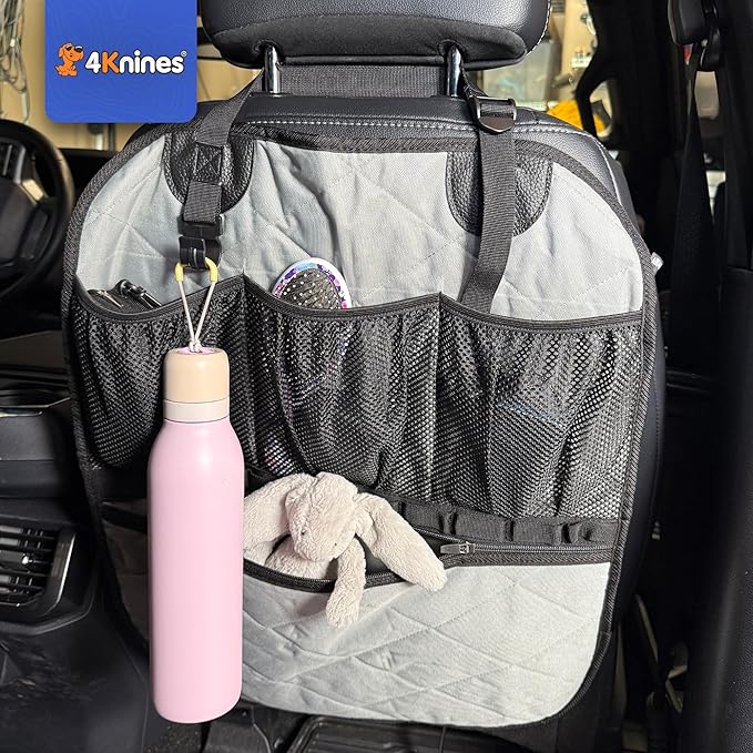 4Knines Car Seat Back Organizer – Heavy-Duty Kick Mat w/Mesh Storage Pockets, Bottle Hook – UV-Resistant Hardware – Waterproof Backseat Organizer for Kids & Pets – Fits SUVs, Trucks, Cars – Grey