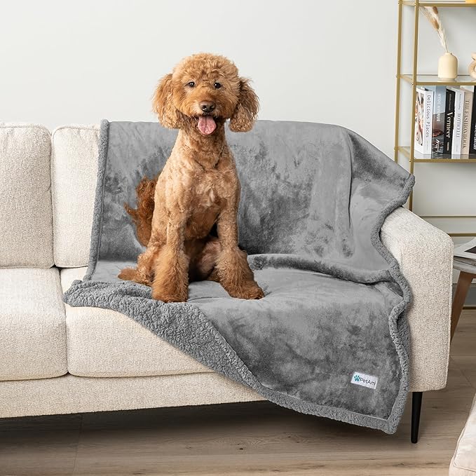 PetAmi Waterproof Dog Blanket for Queen Bed Large XL Dog Throw for Couch Cover Leakproof Furniture Protection, Sherpa Fleece, Reversible Soft Washable 90x90 Light Gray