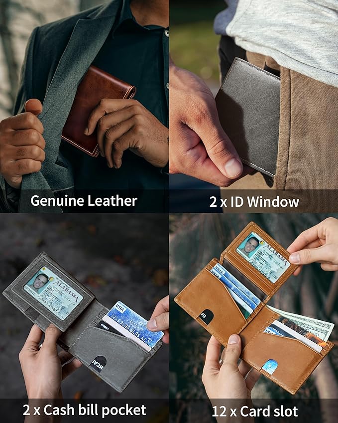 Artpaxy Mens Wallet Bifold Genuine Leather RFID Blocking Wallet for Men with 2 ID Windows 12 Card Holders 2 cash pockets 1 Gift Box