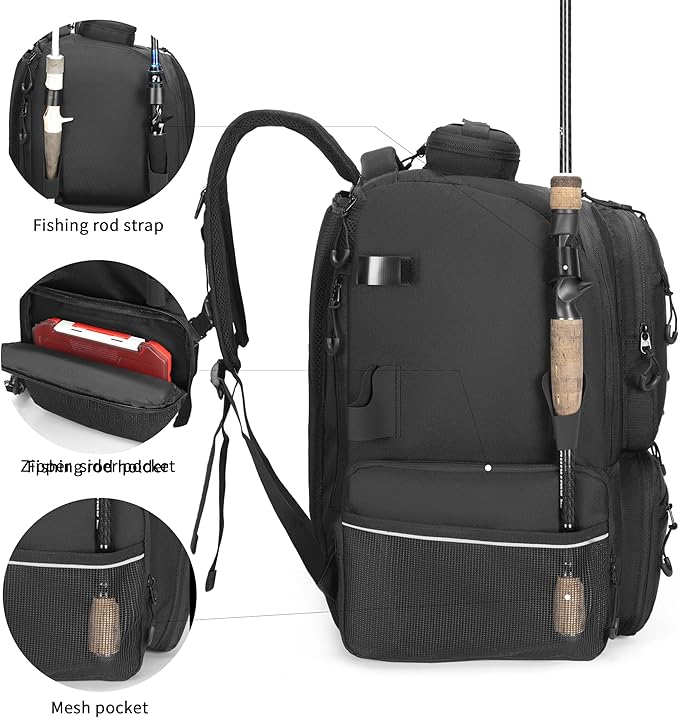 Rabjen Fishing Tackle Backpack, 45L Storage Waterproof Travel Bag Store Fishing Gear with Insulated Top Pocket