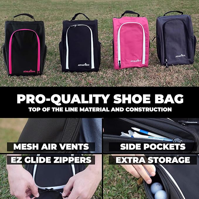 Athletico Golf Shoe Bag - Zippered Shoe Carrier Bags With Ventilation & Outside Pocket for Socks, Tees, etc. (Black/Pink)