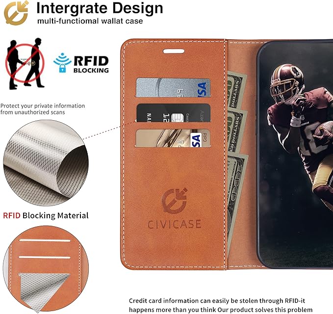 CIVICASE for iPhone 14 Plus Wallet Case,Leather Flip Case [RFID Blocking] Credit Card Holder Folio Magnetic Stand TPU Shockproof Cover Color Matching for iPhone 14 Plus (6.7") Brown