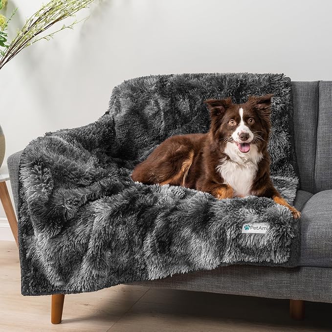 PetAmi Waterproof Dog Blanket for Large Dog, Calming Pet Blanket Bed Couch Cover Protector, Washable Sherpa Faux Fur Throw for Sofa Furniture Protection, Soft Fluffy 60x80 Tie-Dye Black