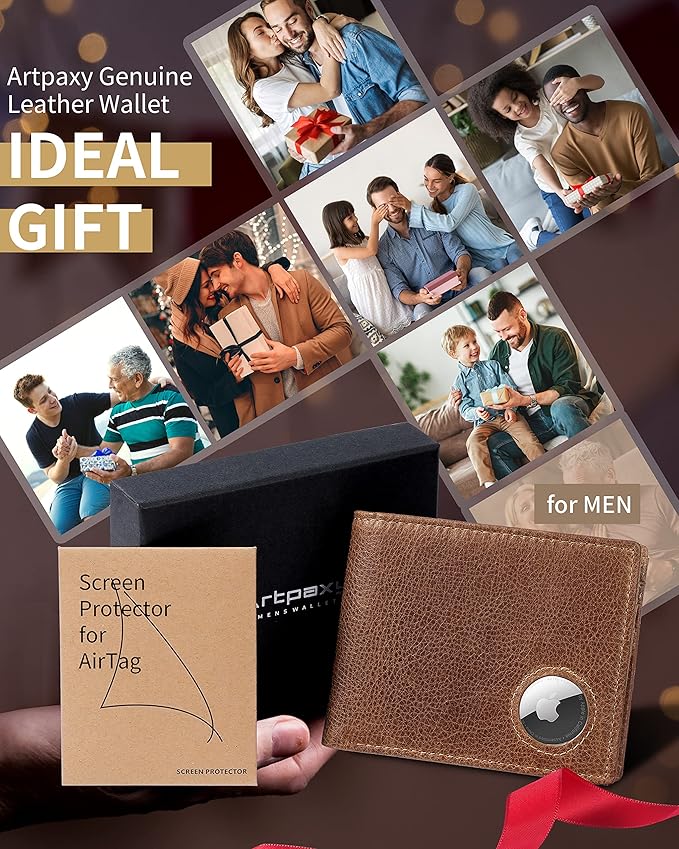 Mens Wallet With AirTag Holder, Bifold Leather RFID Blocking 1-2 ID Windows 12-13 Card Holders, Gift Box and Screen Protector Included, AirTag Not Included