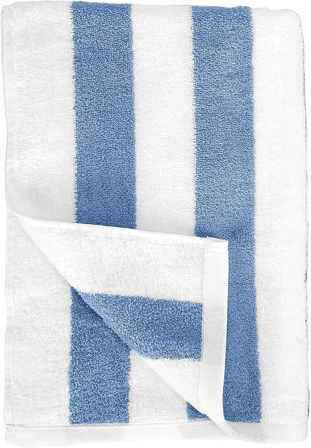 Amazon Basics Sky Blue Cabana Stripe Pool & Beach Towel, 100% Cotton, Soft & Absorbent, Machine Washable, Quick Dry, Large, 2 Pack, Sky Blue, 30" x 60"