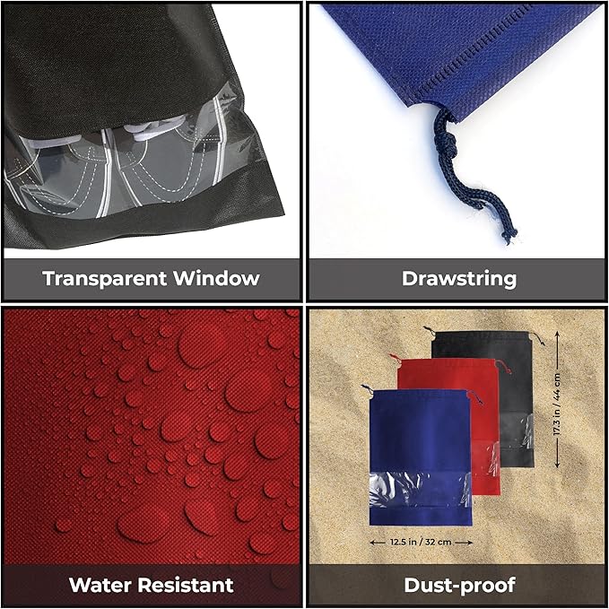 12 PCs Shoe Bags for Travel, Packing, Storage, Organizing & Suitcase. Reusable Dustproof & Water Resistant Sneakers Pouch Protectors with Clear Window & Drawstring. Laundry & Toys (Sand, Gray & Black)