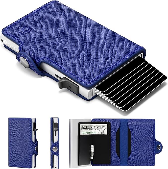 Womens Slim Wallet for Small Purses, Pop Up Wallet with Anti Theft RFID Blocking Credit Card Holder for Women in Navy Blue PU Saffiano