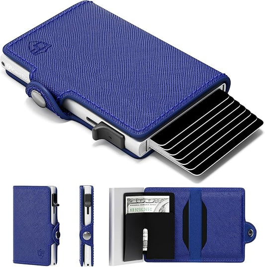 Womens Slim Wallet for Small Purses, Pop Up Wallet with Anti Theft RFID Blocking Credit Card Holder for Women in Navy Blue PU Saffiano