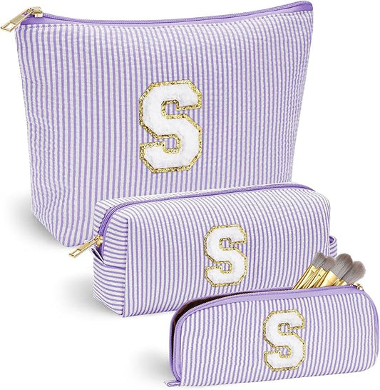 YOOLIFE Preppy Stuff Tween Girls Gifts 2 Pieces Monogram Makeup Pouch Makeup Organizer Bag Beauty Bag Personalized Friend Sister Wife Wedding Bride Birthday Gifts for Women Her Preppy Makeup Bag S