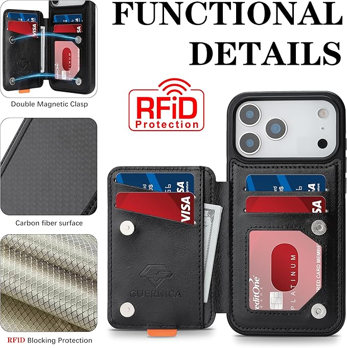 GUERNICA for iPhone 17 Pro (6.3") Case Wallet with Card Holder, RFID Blocking Leather Protection, Shockproof Women Men Phone Case for Apple 17 Pro, A - Black