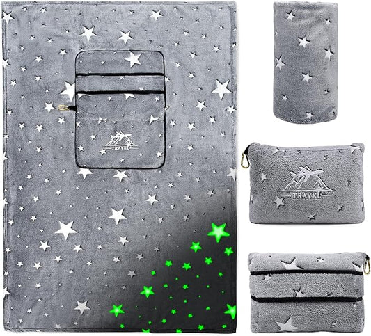 HWING Travel Blanket Airplane Compact with Bag - Glow in The Dark Stars Blanket Travel Pillows for Airplanes Travel Essentials for Flying - Birthday Gifts for Kids Teens Women Camping Outdoor Blanket
