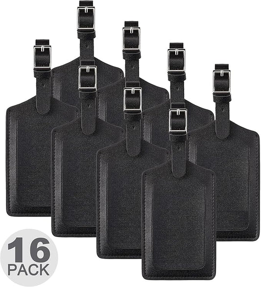 Travelambo 16 Pack Luggage Tags Faux Leather for Suitcases Travel Bag Labels with Protection Cover ID (Black)