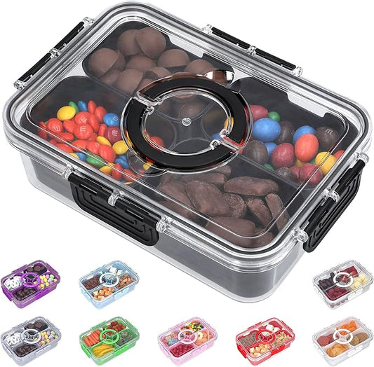 Snackle Box Container with Lid- Travel Charcuterie Box with Handle - Organizer for Candy, Fruit, Nuts, Veggies, Snacks, Beach Essentials, Portable Lunch Box (Black, Small)