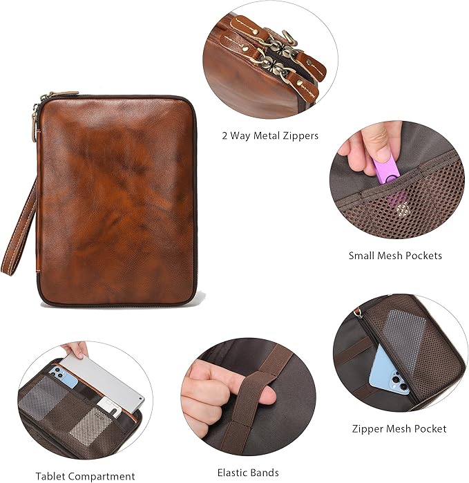 LANNSYNE Full Grain Leather Travel Cable Accessories Bag, Electronic Organizer Carry Case Double Layer Storage Case for Cables, Charger, Phone, Power Bank