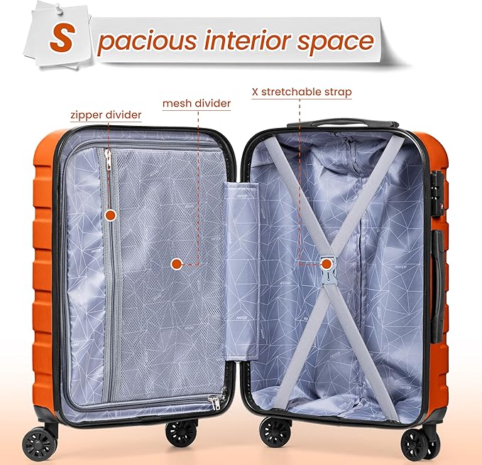 AnyZip Luggage Sets 3 Piece Hardshell Suitcase Set PC ABS Lightweight Travel Suitcases with 4 Double Spinner Wheels TSA Lock 20 24 28 Inch Orange
