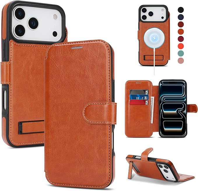 CIVICASE for iPhone 17 Pro Wallet Case with Stand,PU Leather Flip Credit Card Holder Slots (RFID Blocking),Compatible with Magsafe Magnetic Holder Phone Cover Women Men,Brown