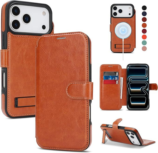 CIVICASE for iPhone 17 Pro Wallet Case with Stand,PU Leather Flip Credit Card Holder Slots (RFID Blocking),Compatible with Magsafe Magnetic Holder Phone Cover Women Men,Brown