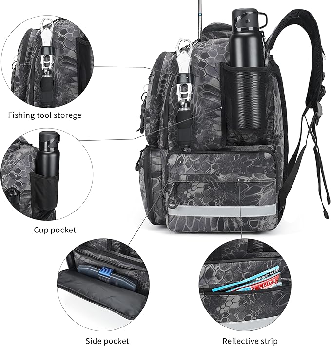 Rabjen Fishing Tackle Backpack, 45L Storage Waterproof Travel Bag Store Fishing Gear with Insulated Top Pocket
