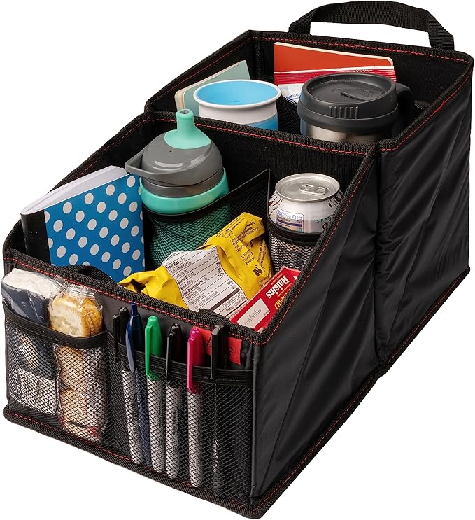 Lusso Gear 9-Compartment Car Seat Organizer with Cup Holders - For Front, Back, Passenger Seats, Truck and Van (Black w Red Stitch)