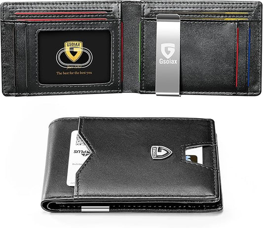 GSOIAX Mens Slim Wallet for Men Minimalist Genuine Leather Carbon Fiber Rfid Blocking Bifold Credit Card Holder With Gift Box (Black-money clip)