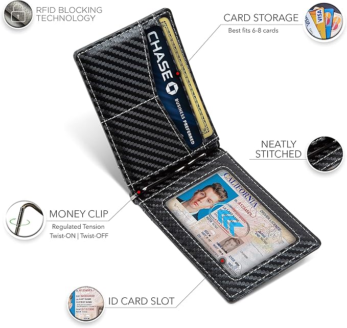 SERMAN BRANDS RFID Blocking Wallet Slim Bifold - Genuine Leather Minimalist Front Pocket Wallets for Men with Money Clip Gift (Modern Black)