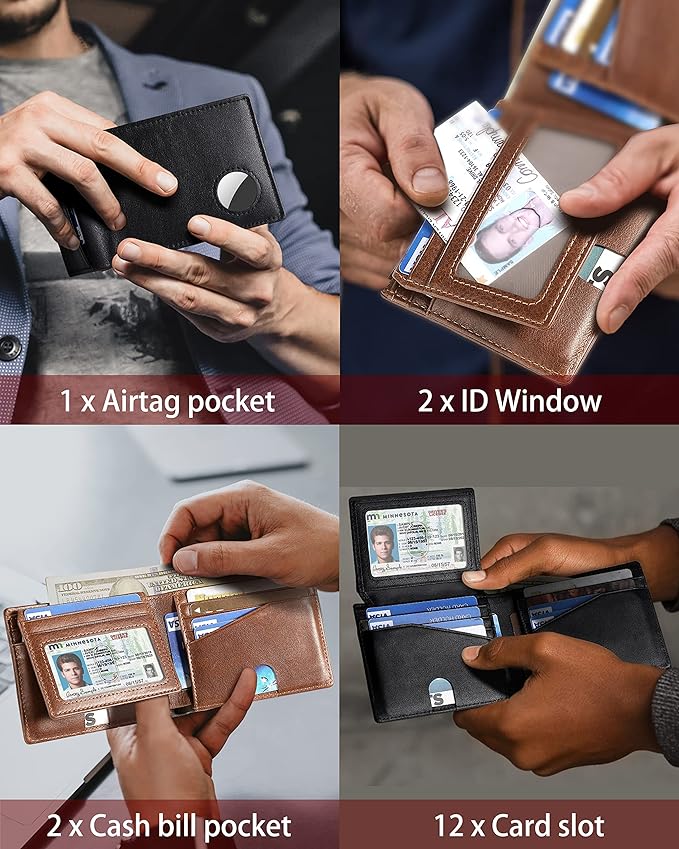 Mens Wallet With AirTag Holder, Bifold Leather RFID Blocking 1-2 ID Windows 12-13 Card Holders, Gift Box and Screen Protector Included, AirTag Not Included
