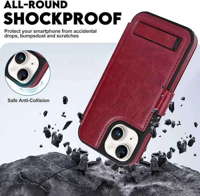 CIVICASE for iPhone 15 Wallet Case with Stand,PU Leather Flip Credit Card Holder Slots (RFID Blocking),Compatible with Magsafe Magnetic Holder Phone Cover Women Men, Wine Red