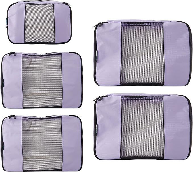 TravelWise Luggage Packing Organization Cubes 5 Pack, Lavender, 2 Small, 2 Medium, 1 Large (TWPC-27)