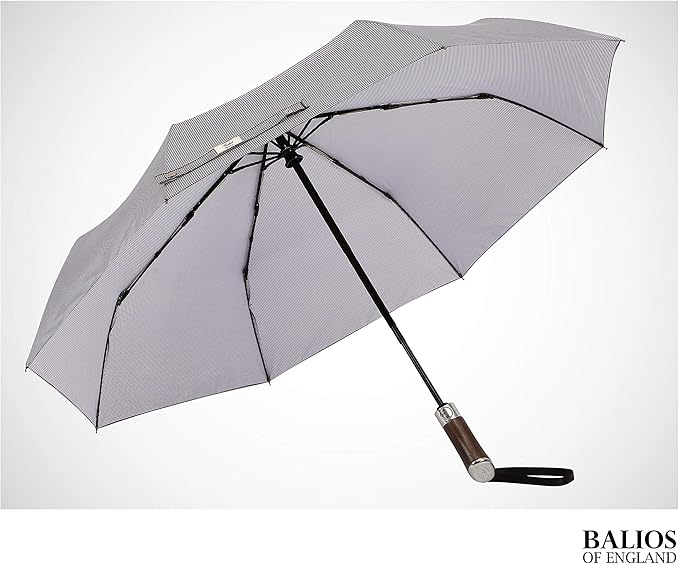 Balios (Designed in UK) Travel Umbrella Luxurious Golden Hardwood Handle Auto Open & Close Windproof Frame Single Canopy Automatic Folding Umbrella Men's & Ladies
