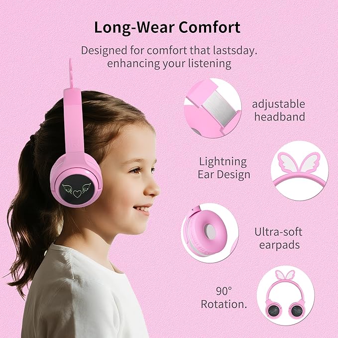 Kids Wireless Headphones with 7-Color RGB LED Lights, Long Playtime, Ultra-Soft Over-Ear for School Travel, Pink Butterfly Wings