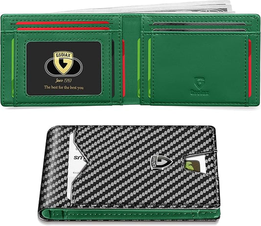 GSOIAX Mens Slim Wallet for Men Minimalist Genuine Leather Carbon Fiber Rfid Blocking Bifold Credit Card Holder With Gift Box (Green and Carbon Black)