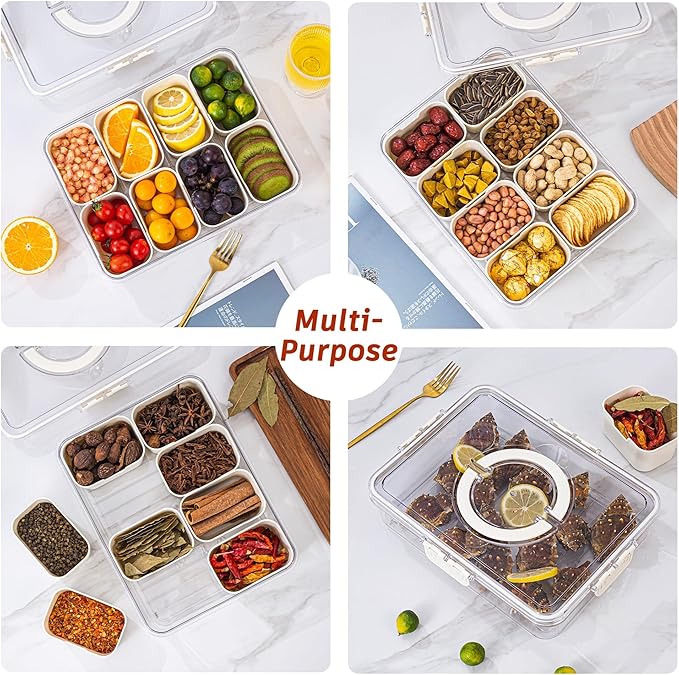 Divided Serving Tray with Lid and Handle - Divided Snack Tray for Portable Snack Platters - Clear Organizer for Candy, Fruits, Nuts, Snacks - Perfect for Party, Entertaining，2 pcs
