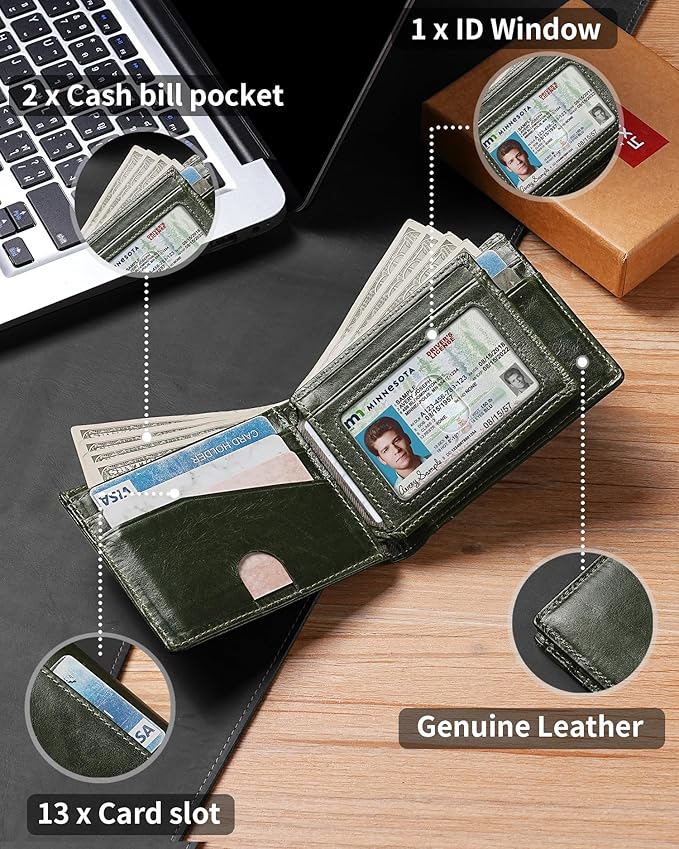 Artpaxy Mens Wallet Bifold Genuine Leather RFID Blocking Wallet for Men with 1 ID Windows 13 Card Holders 2 cash pockets 1 Gift Box