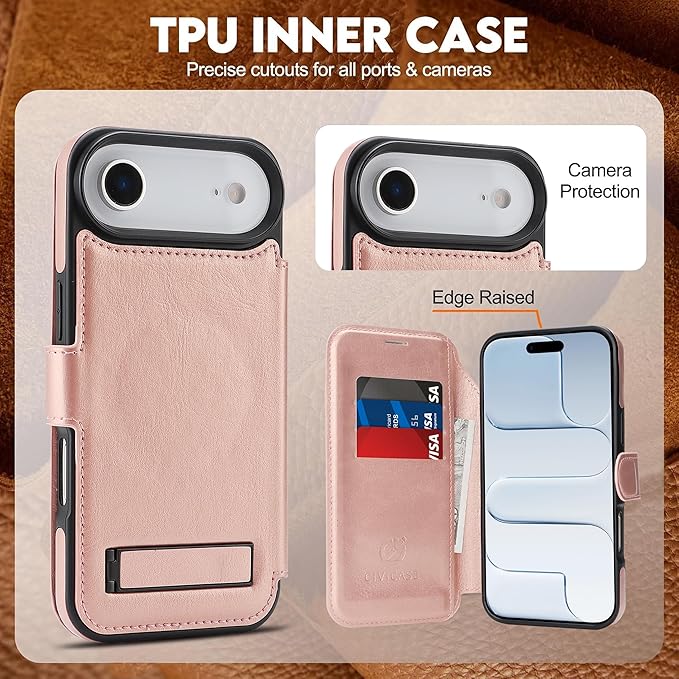 CIVICASE for iPhone Air Wallet Case with Stand,PU Leather Flip Credit Card Holder Slots (RFID Blocking),Compatible with Magsafe Magnetic Holder Phone Cover Women Men,Rose Gold
