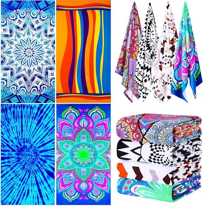 4 Packs Oversized Thin Beach Towel Set, 36 x 72 in XL Extra Large Big Soft Pool Swim Travel Towels Clearance for Adult Women Men Lounge Chair Cover Accessories Essentials Blue Vortex Orange Stripes
