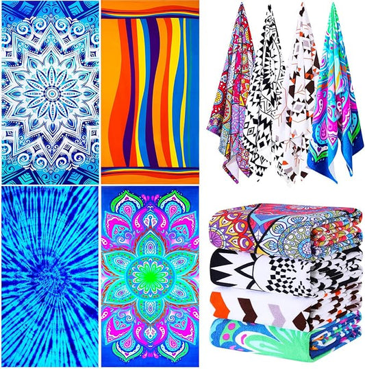 4 Packs Oversized Thin Beach Towel Set, 36 x 72 in XL Extra Large Big Soft Pool Swim Travel Towels Clearance for Adult Women Men Lounge Chair Cover Accessories Essentials Blue Vortex Orange Stripes