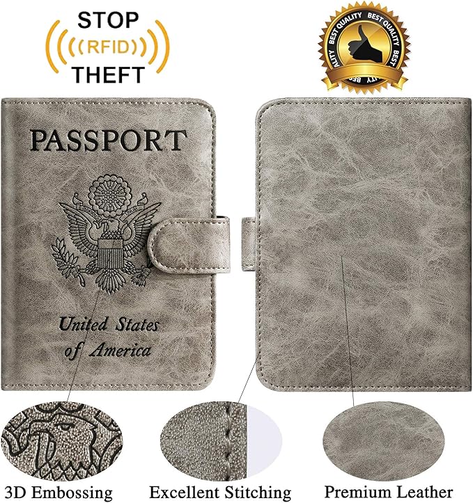 Passport Holder Cover Wallet RFID Blocking Leather Card Case Travel Accessories for Women Men (Grey)