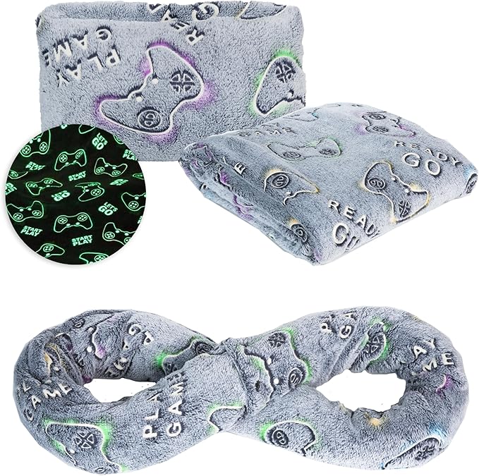 NAPRO Kids 3-in-1 Travel Blanket and Pillow Combo, Convertible Infinity Scarf, Lightweight Neck Support for Airplane, Car & Camping, Glow-in-The-Dark - Gamer