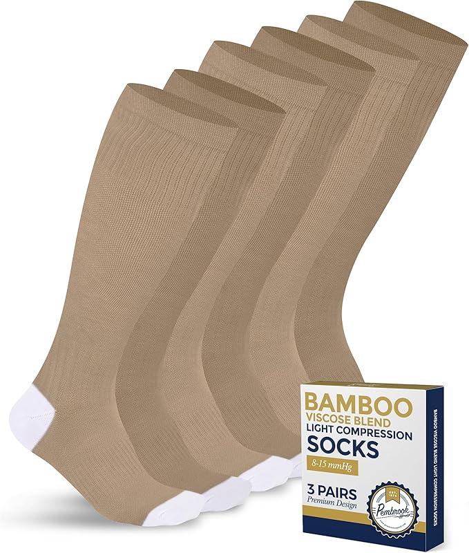 Pembrook Bamboo Viscose Light Compression Socks - 3 Pairs | 8-15 mmhg Compression Socks | Knee High Comfort Support Socks